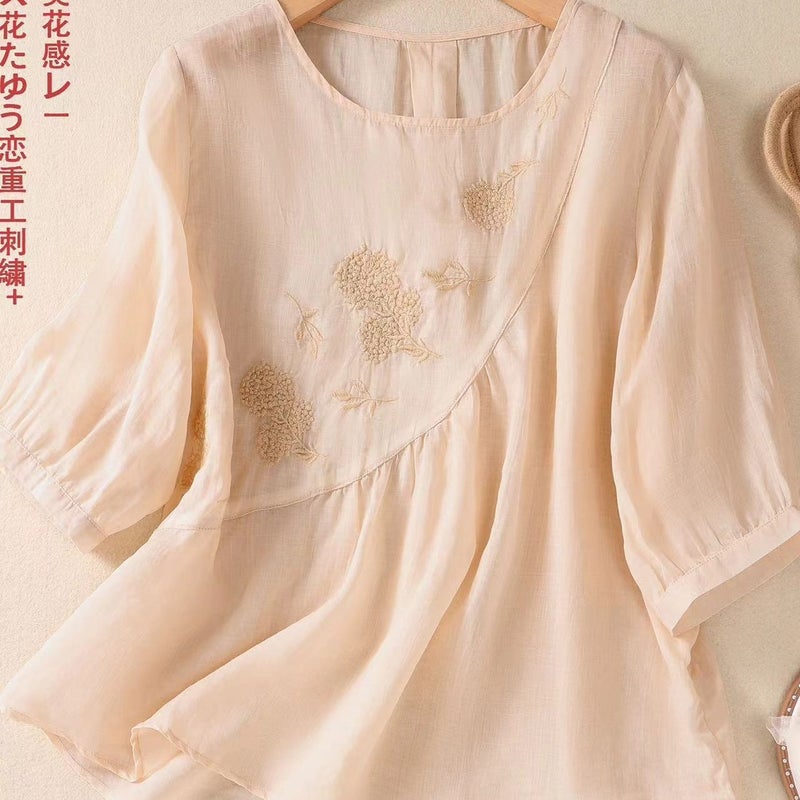 Cotton And Linen Artistic Style Embroidered Cotton And Linen Shirt Women'S Summer Large Size Age-Reducing Top - Image 3