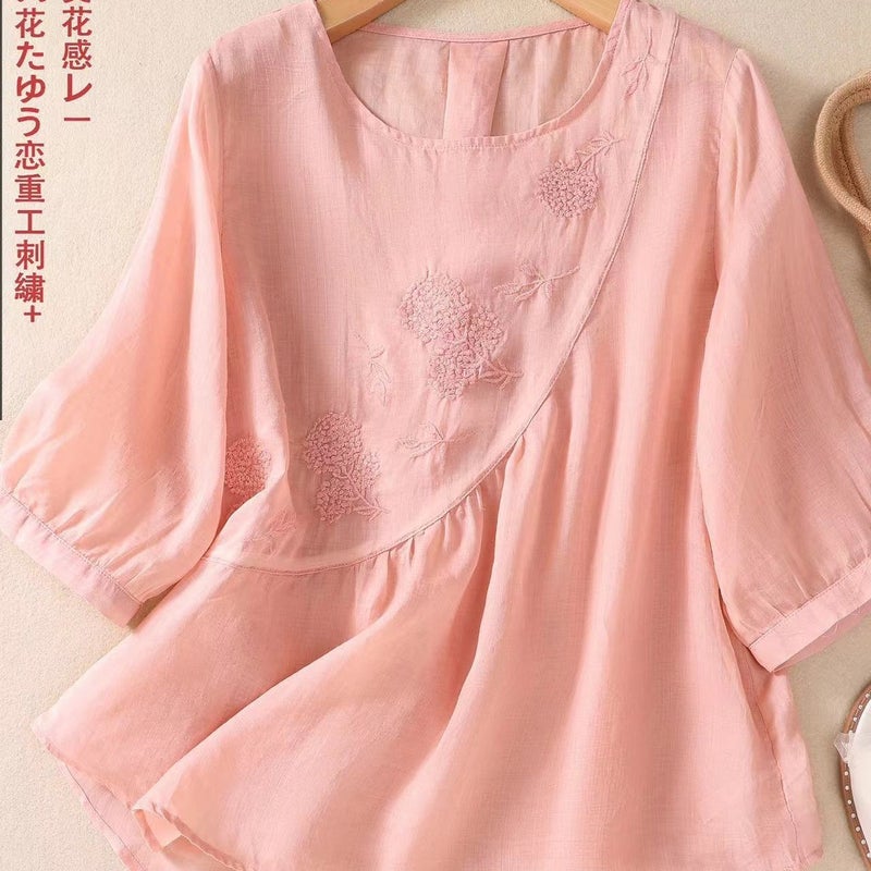 Cotton And Linen Artistic Style Embroidered Cotton And Linen Shirt Women'S Summer Large Size Age-Reducing Top - Image 2