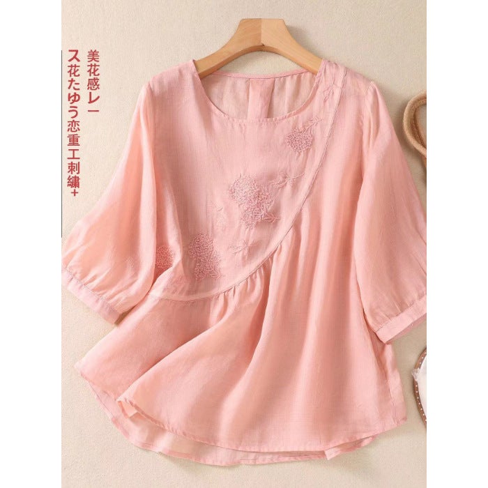Cotton And Linen Artistic Style Embroidered Cotton And Linen Shirt Women'S Summer Large Size Age-Reducing Top - Image 1