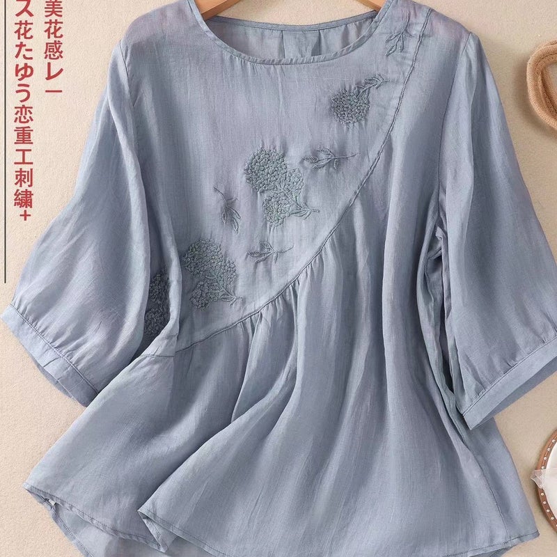 Cotton And Linen Artistic Style Embroidered Cotton And Linen Shirt Women'S Summer Large Size Age-Reducing Top - Image 4