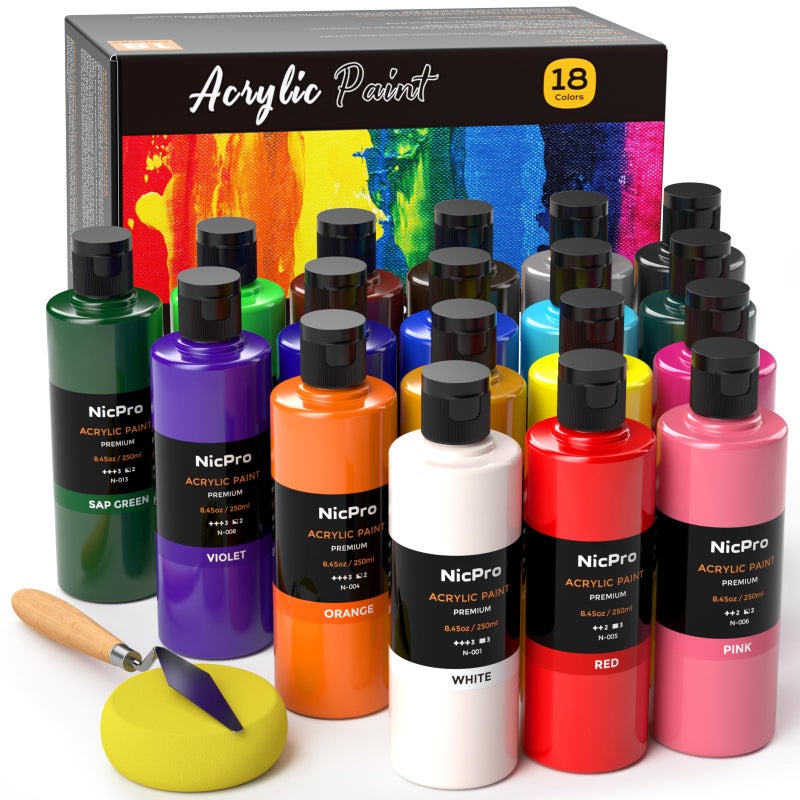 Nicpro 18 Colors Large Acrylic Paint Set, 8.45oz/250 ml Artist Painting Supplies Bulk Non-Toxic For Multi Surface Canvas Wood Fabric Leather Cardboard Paper Crafts Rock Window Hobby with Color Wheel - Image 1