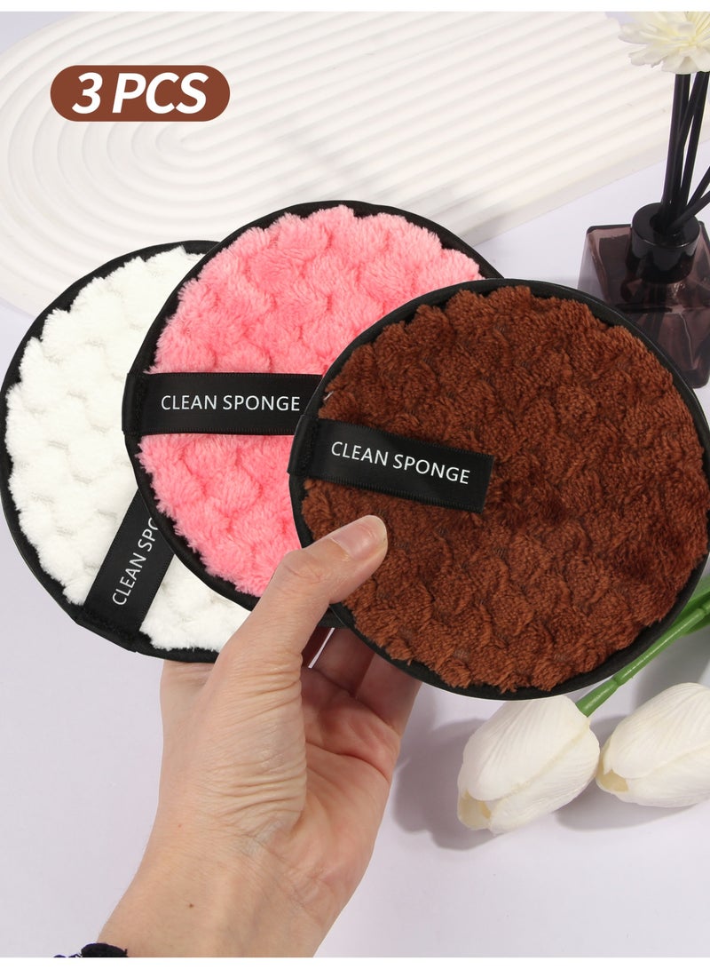 MAANGE 3pcs Makeup Remover Pads Reusable Rounds Soft Facial Cleaning Puffs Towels Double-Side Washable Make Up Removing Cloth Microfiber Multi-function(Brown, Pink, White) - Image 1