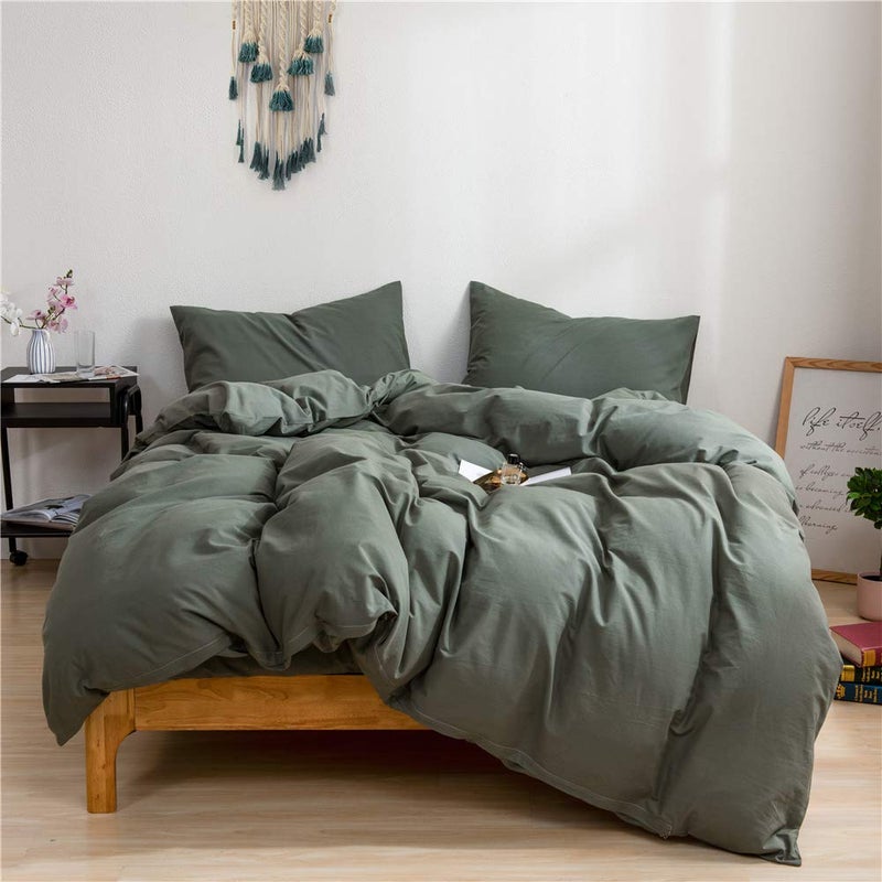 Ruccit Sage Green Duvet Cover Set Double Bed 100 Washed Cotton Double Duvet Cover Kids Teens 3pcs Simple Plain Farmhouse Bedding Set Zipper ClosureSoftEasy CareBreathable