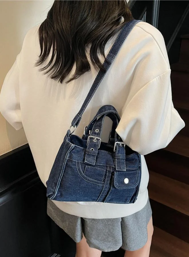 Take Two Dark Blue Denim Handbag with Flap Pocket