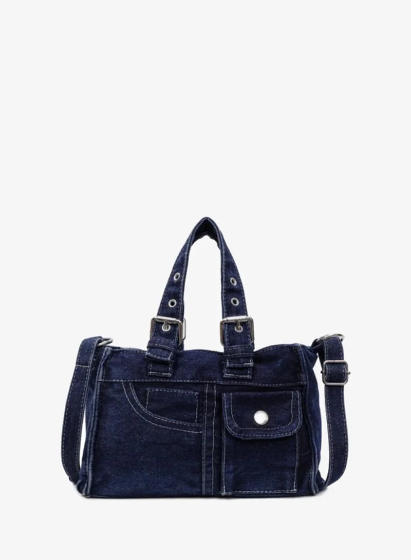 Take Two Dark Blue Denim Handbag with Flap Pocket