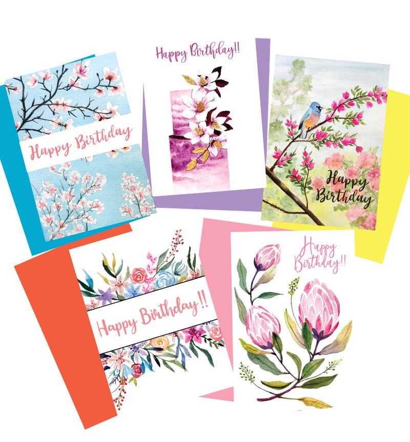 anujarusiya | Blissful Blooms 5 Birthday Greeting Cards with Matching Envelopes | 4'' x 5.8''| Printed on Premium Paper with Birthday Wishes Inside - Image 1