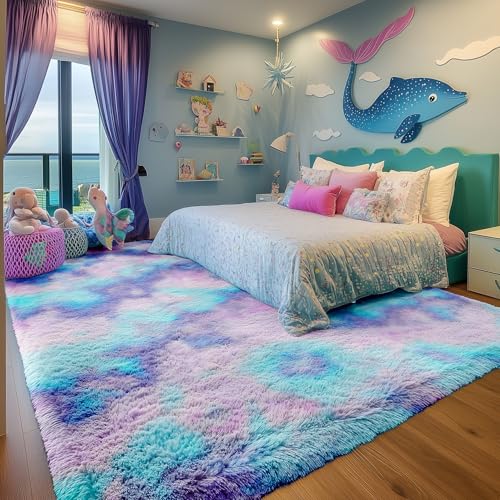 PAGISOFE Soft Purple Rainbow Rugs for Living Room, Fluffy 5x7 Area Rug, PlushCute Kawaii Rug for Bedroom Kids Room Baby Nursery, Girls Room Decor Mermaid Rugs Fuzzy Fur Pastel Carpet, Cozy Cloud Rug - Image 5