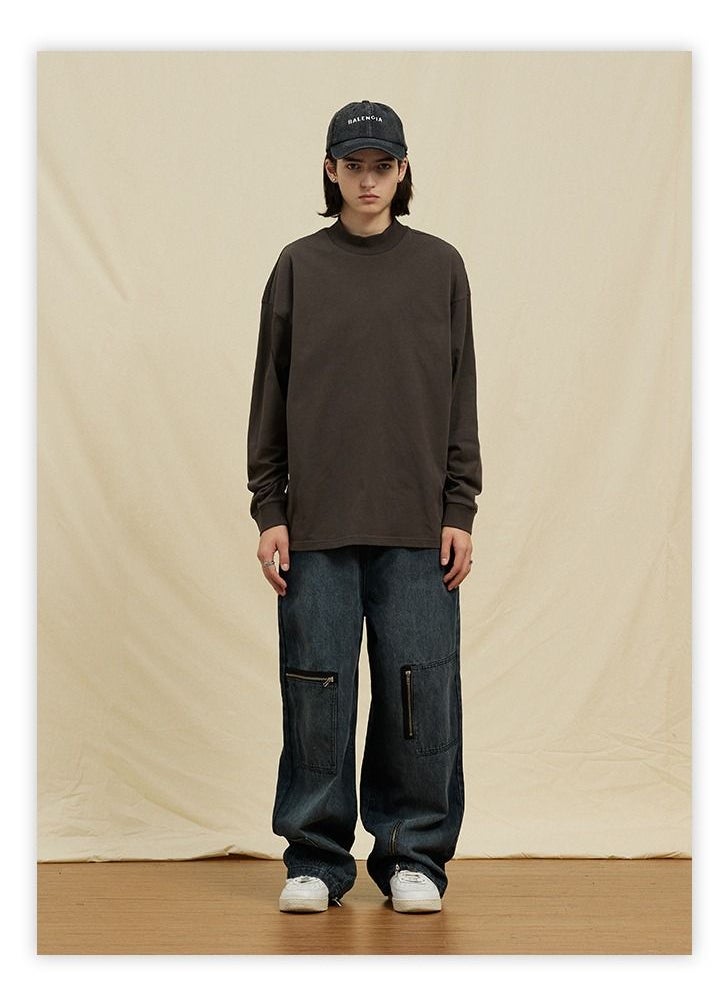 Generic - UNF FOG- Solid Color Cotton Long Sleeve T-Shirt With High Neck - Image 1