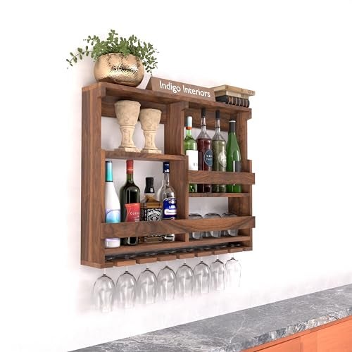 Indigo interiors Wooden Wall Mounted Wine Rack, Bar Cabinet with Glass Storage, Wall Hanging Mini Bar for Home Wine Rack/Holder Upside Down Glass Hanging Organizer Size 30 x 24 Inch (Wulnut) - Image 2
