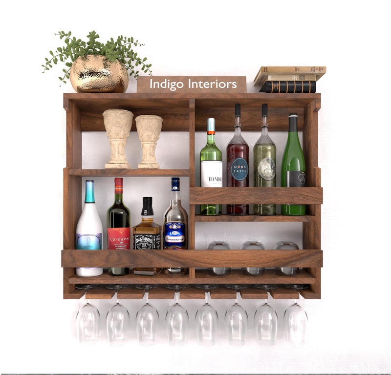 Indigo interiors Wooden Wall Mounted Wine Rack, Bar Cabinet with Glass Storage, Wall Hanging Mini Bar for Home Wine Rack/Holder Upside Down Glass Hanging Organizer Size 30 x 24 Inch (Wulnut) - Image 1