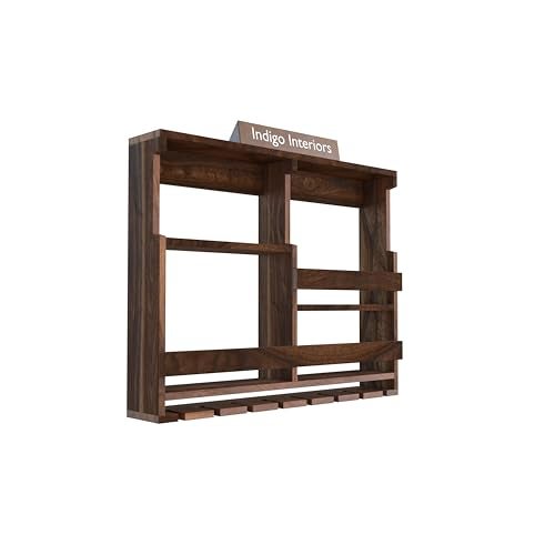 Indigo interiors Wooden Wall Mounted Wine Rack, Bar Cabinet with Glass Storage, Wall Hanging Mini Bar for Home Wine Rack/Holder Upside Down Glass Hanging Organizer Size 30 x 24 Inch (Wulnut) - Image 4