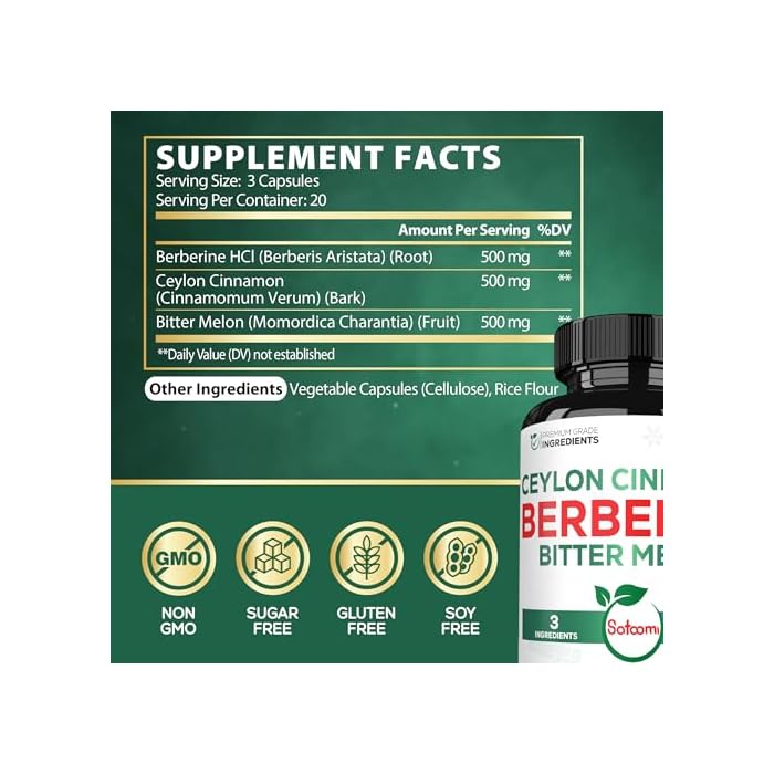 Satoomi Berberine Supplement with Organic Ceylon Cinnamon Bark & Bitter Melon - 3in1-60 Vegan Capsules - Image 2