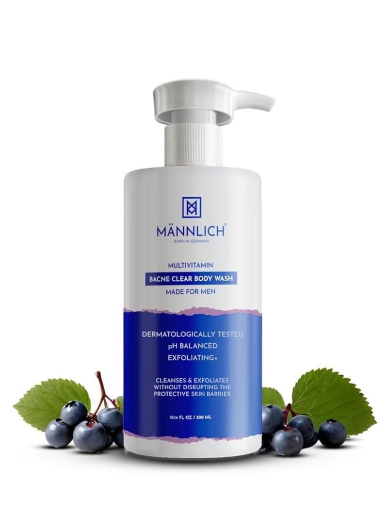 مانليش غسول حب الشباب بحمض الساليسيليك بنسبة 2% للرجال (300 مل) - جل استحمام للرجال من باكني كلير - 3% نياسيناميد يمنع حب الشباب في الجسم، ويقشر ويغذي البشرة - مناسب لجميع أنواع البشرة - خالٍ من البارابين وSLS - Image 1