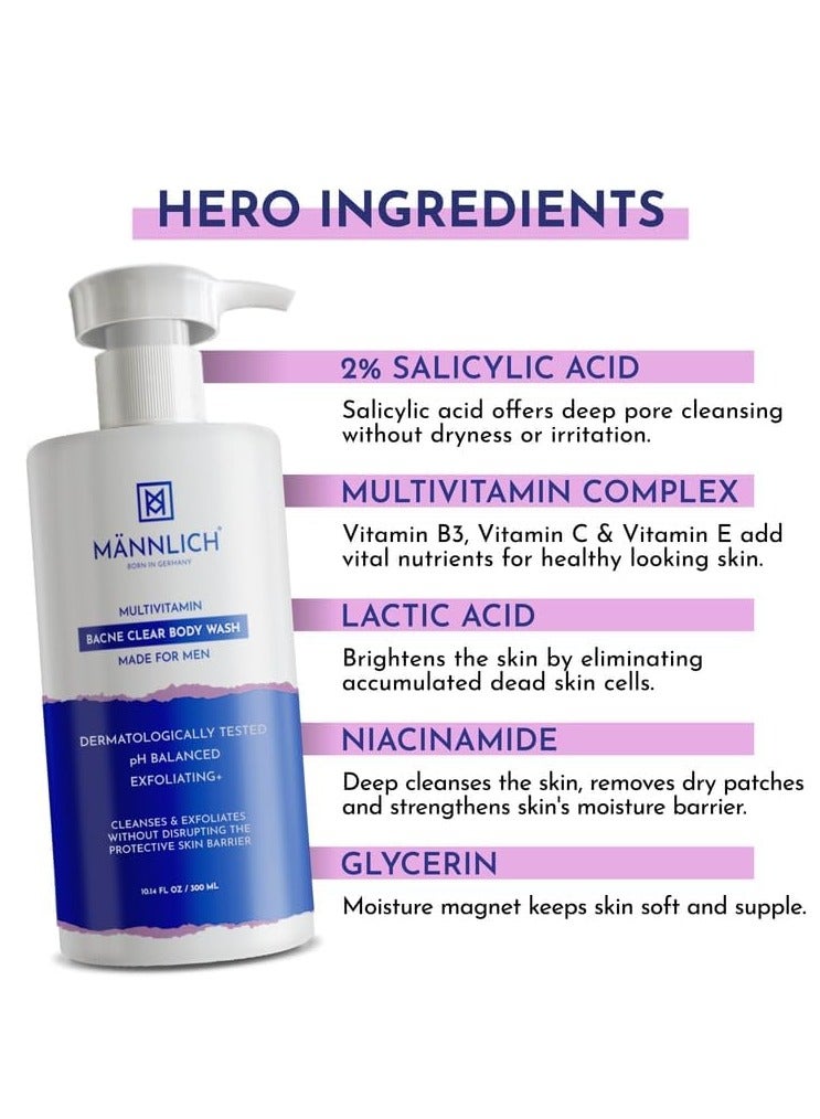 مانليش غسول حب الشباب بحمض الساليسيليك بنسبة 2% للرجال (300 مل) - جل استحمام للرجال من باكني كلير - 3% نياسيناميد يمنع حب الشباب في الجسم، ويقشر ويغذي البشرة - مناسب لجميع أنواع البشرة - خالٍ من البارابين وSLS - Image 4