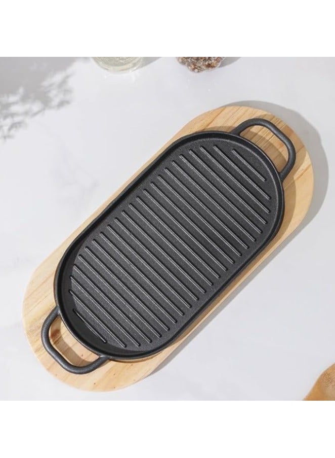 مقلاة من الحديد الزهر بيضاوية الشكل مقاس 31سم*16سم مع مقابض جانبية و قاعدة خشبية | مقلاة لشوي و تقديم اللحوم و الخضروات | صينية للتحمير و الطبخ و الشواء من الحديد المصبوب أمنة للاستخدام في الفرن - Image 5