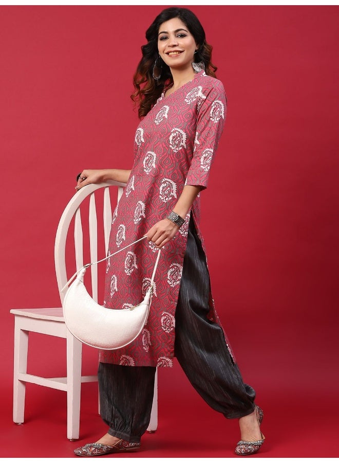 AKS Grey & Pink Printed Kurta & Balloon Palazzo Set  - Image 1