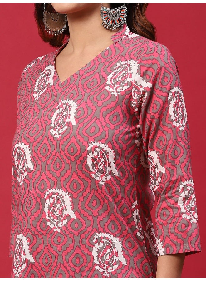 AKS Grey & Pink Printed Kurta & Balloon Palazzo Set  - Image 2