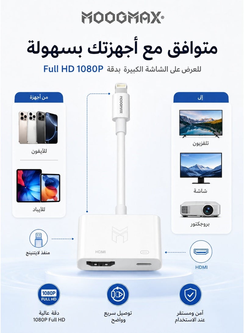 MOOG MAX Moogmax Lightning to HDMI Adapter with HD 1080P Resolution, iPhone to TV, Monitor and Projector Adapter, Mobile Phone Screen Display Cable, Digital Audio and Video Adapter for Compatible Devices with Lightning Port, Lightning to HDMI Adapter, iPhone to TV Adapter, iPhone Screen Adapter, Lightning HDMI Cable, Mobile Phone Screen Display Adapter, Mobile Phone to Projector Adapter, iPhone to Projector Adapter, iPhone Video Adapter, Digital Audio and Video Adapter, 1080P Screen Adapter, HD Adapter, Moogmax Adapter, Lightning Digital Adapter, Mobile Phone to TV Adapter, Mobile Phone Display Cable, HDMI Adapter for iPhone, External Screen Adapter, iPhone Accessories, - Image 3