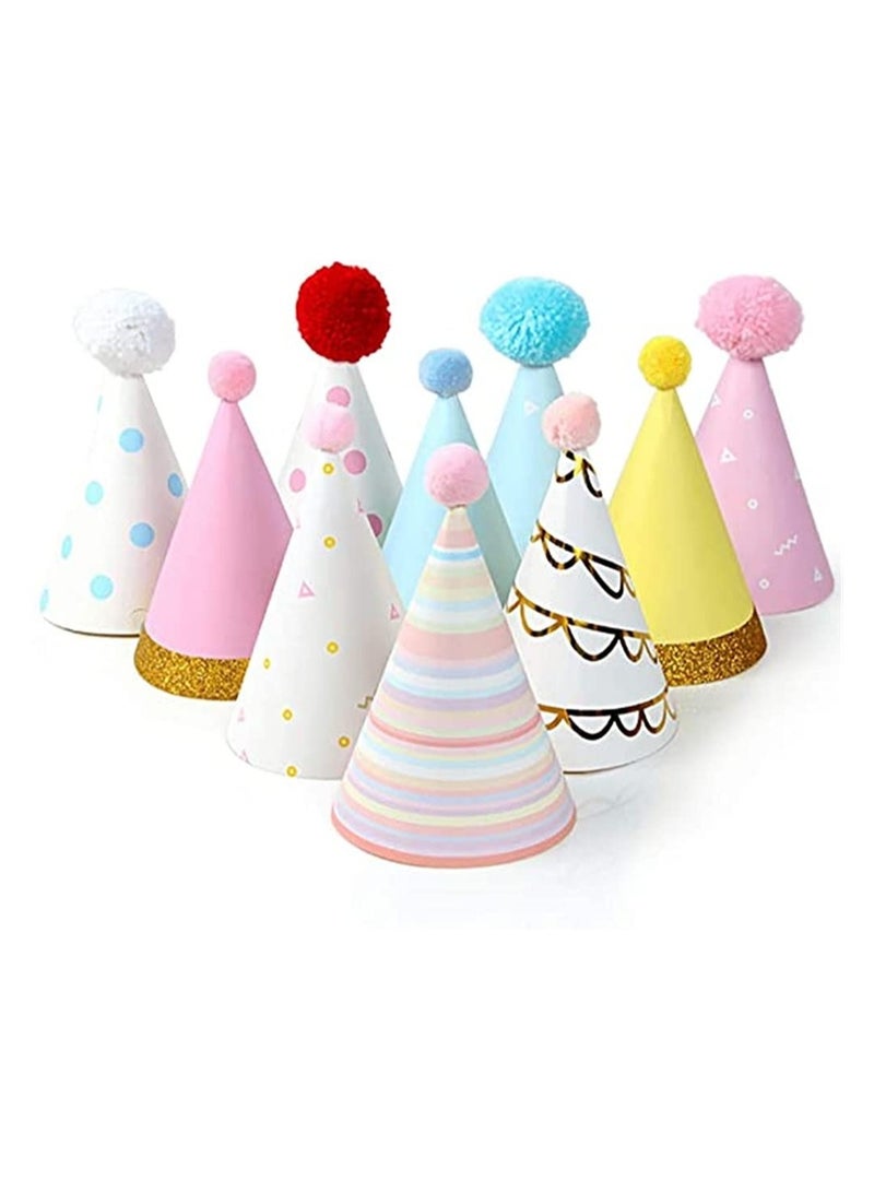10PCS Colorful Birthday Party Paper Cone Hats for Kids – DIY Birthday Hats with Pom Poms, Adjustable Elastic, Fun for Games, Crafts & Celebrations  - Image 1