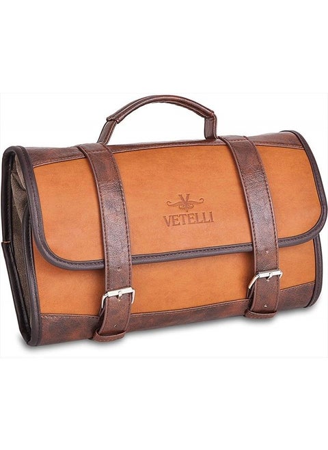 Foldable Hanging Leather Travel Toiletry Bag for Men with 2 Zippered Internal Pockets, 2 Snap-Fastened Internal Pockets, and Hanging Hook