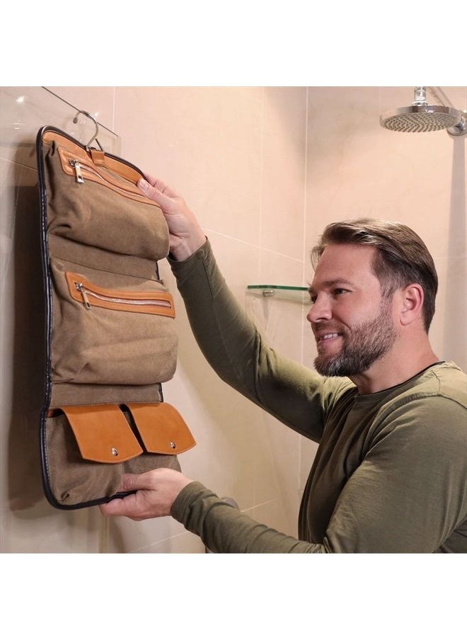 Vetelli - Foldable Hanging Leather Travel Toiletry Bag for Men with 2 Zippered Internal Pockets, 2 Snap-Fastened Internal Pockets, and Hanging Hook - Image 1