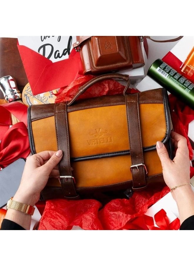 Vetelli - Foldable Hanging Leather Travel Toiletry Bag for Men with 2 Zippered Internal Pockets, 2 Snap-Fastened Internal Pockets, and Hanging Hook - Image 1