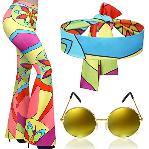 Tisancy 3 Pcs 60s 70s Outfit for Women Hippie Costume Set Disco Flared Pants Groovy Outfit Party Accessories(L Size, Bright) - Image 1
