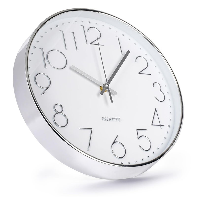 bakbrand Wall Clock 12 Inch Non-Ticking Silent Modern Simple Style Round Decor Clock Silver Stereoscopic Dial Quartz Wall Clocks for Home/Office/School/Living Room/Bedroom/Kitchen - Image 2