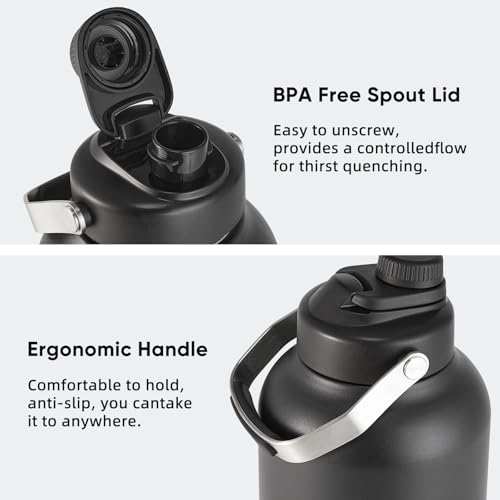 Kerilyn One Gallon Water Bottle, 128oz Stainless Steel Insulated Water Bottle For Hot & Cold Drinks, BPA-Free, Wide Mouth, Leak-Proof Big Water Jug With Handle For Sports, Travel, Hinking & Camping, Black - Image 3