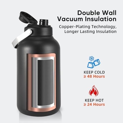 Kerilyn One Gallon Water Bottle, 128oz Stainless Steel Insulated Water Bottle For Hot & Cold Drinks, BPA-Free, Wide Mouth, Leak-Proof Big Water Jug With Handle For Sports, Travel, Hinking & Camping, Black - Image 5