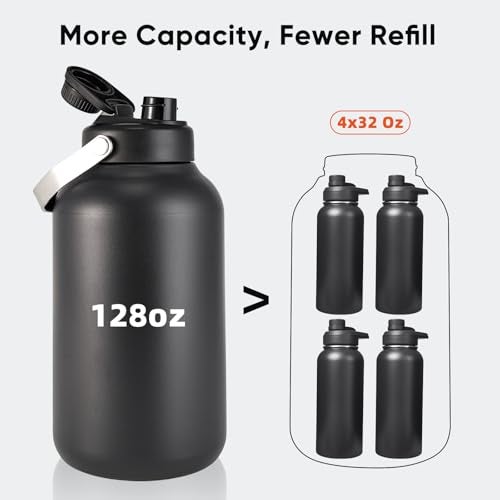 Kerilyn One Gallon Water Bottle, 128oz Stainless Steel Insulated Water Bottle For Hot & Cold Drinks, BPA-Free, Wide Mouth, Leak-Proof Big Water Jug With Handle For Sports, Travel, Hinking & Camping, Black - Image 2