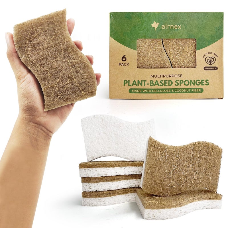 AIRNEX Natural Kitchen Sponges Pack of 6  Cellulose and Coconut Husk Dishwashing Scrubbers  Odor Free Non Scratch Eco Friendly Quick Drying Scrub Sponges for Washing Dishes