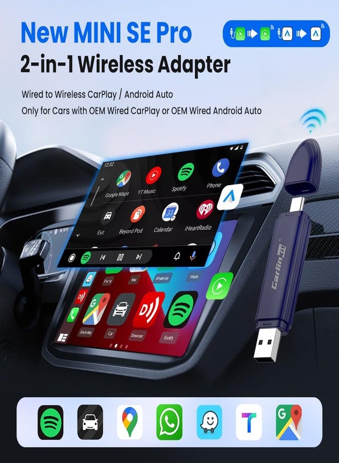 CarlinKit Mini SE Pro Wireless Android Auto & CarPlay Adapter, 2-in-1 Mini Converts Wired to Wireless Dongle for USB-C/A Plug and Play Low Latency Portable/iPhone iOS 10+ / Android 11+ - Image 3