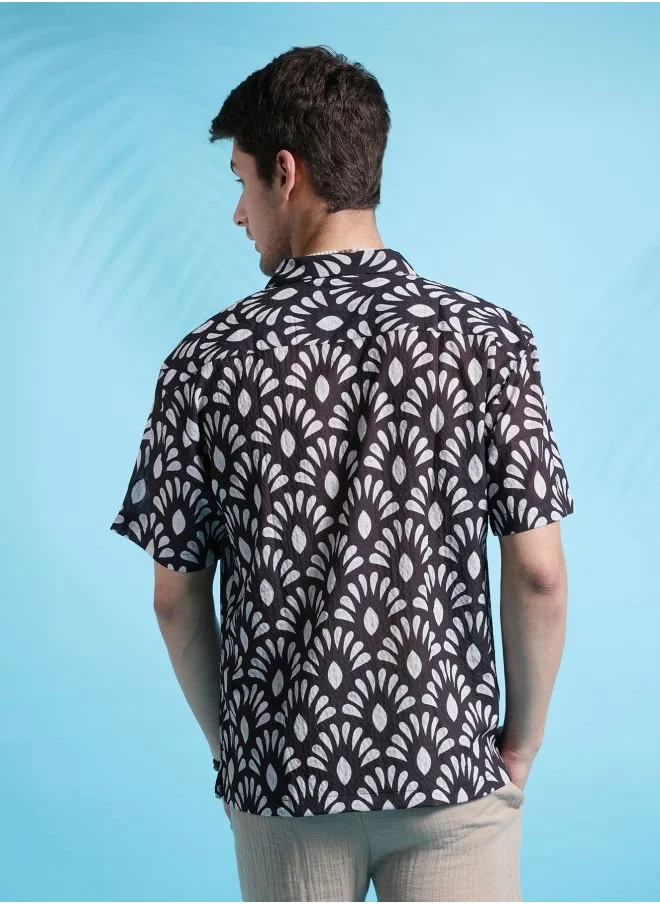 The Indian Garage Co Men Relaxed Fit Textured Printed Half Sleeves Cuban Collar Resort Wear Shirt