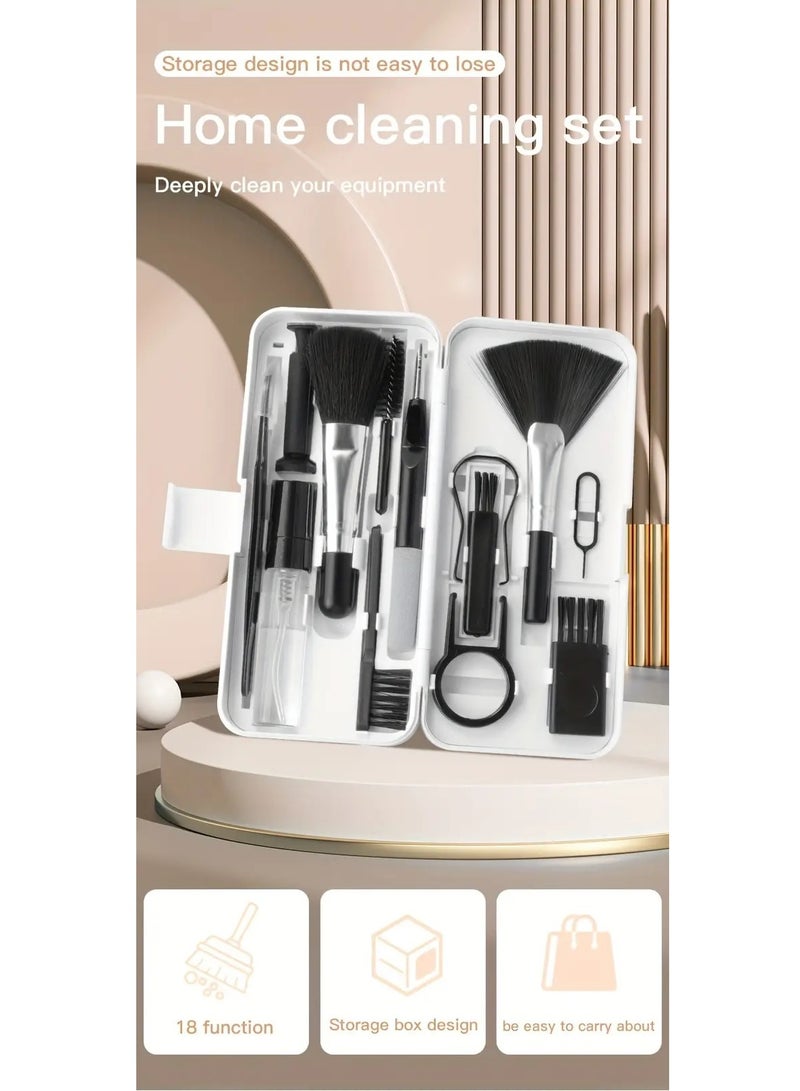 Clean Integrated Electronics Cleaning And Organizing Kit 18-In-1 Inside A Case With A Screen Wipe Surface, Including A Holder, Brushes, Liquid Tube, Glass Stabilizer For Phone, AirPods, Keyboard, Screen, Camera, And More – 18 Pieces, White - Image 2