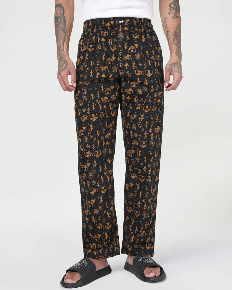 bewakoof Men's Black All Over Printed Pyjamas