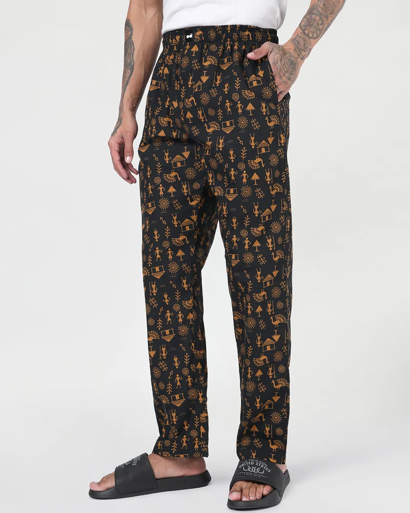 bewakoof Men's Black All Over Printed Pyjamas