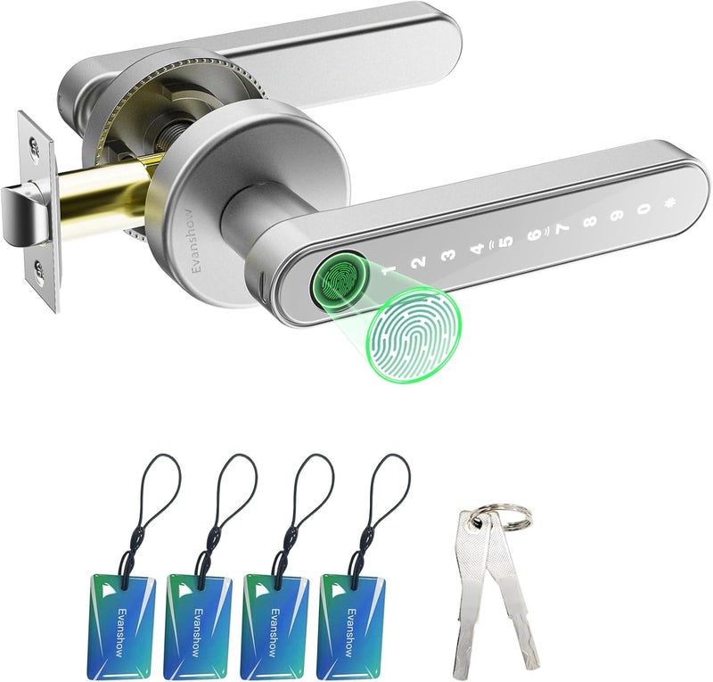 Evanshow Fingerprint Door Lock Biometric Door Knob with Keypad Keyless Entry, Door Locks for Bedrooms, Home Hotel Office Apartment Silver - Image 1