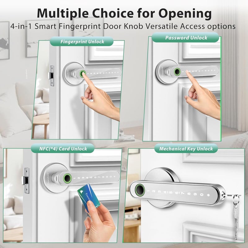 Evanshow Fingerprint Door Lock Biometric Door Knob with Keypad Keyless Entry, Door Locks for Bedrooms, Home Hotel Office Apartment Silver - Image 3