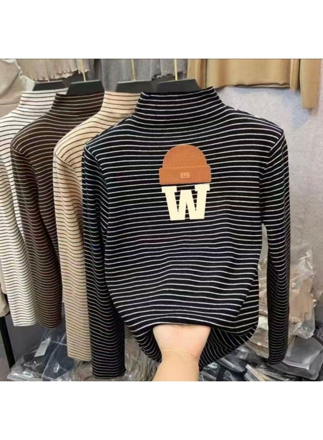 Boys And Girls' Thermal Base Layer Shirts, Spring And Autumn, Big Kids' Half-high Collar Long-sleeve T-shirts, Stylish Striped Warm Tops