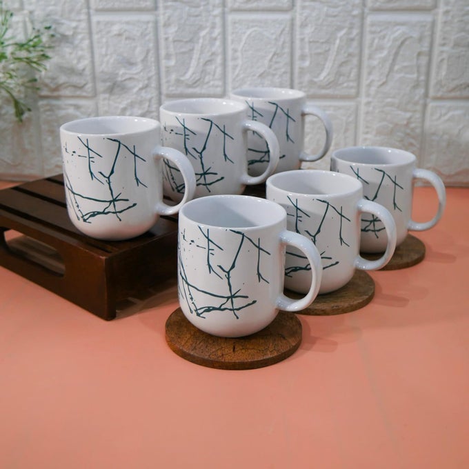 MARBLE PRINT DESIGN CERAMIC COFFEE MUG, TEA CUPS, STACKABLE, CHIP RESISTANT, 180 ML, PACK OF 6, GREEN ON WHITE