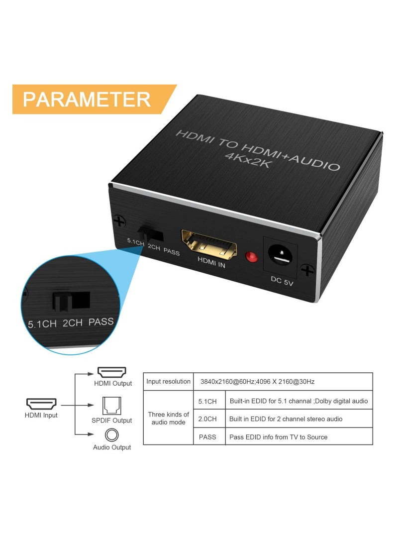 Captaintech HDMI Audio Extractor, Digital HDMI to HDMI Audio Converter, HDMI to Optical 3.5mm AUX Audio Adapter, Supports HDCP 1.4, 3D, Dolby Digital, DTS 5.1 PCM, 1080P HDMI to HDMI + SPDIF + RCA Stereo - Image 2