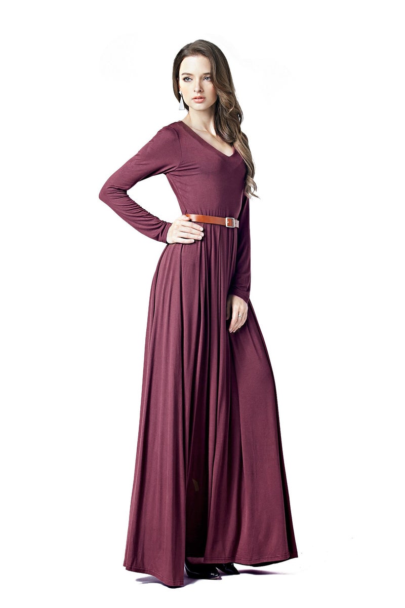 Charm Your Prince CYP Women's V-Neck Long Sleeve Elegant Formal Cocktail Evening Belted Maxi Dress Plum Purple XS - Image 2