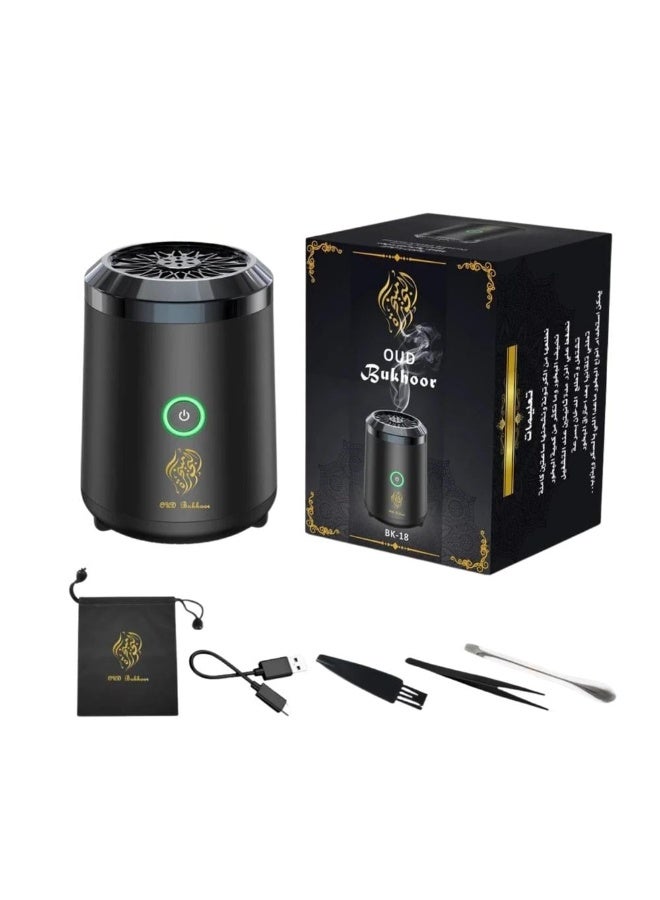 Oud Bukhoor A smart, portable electronic incense burner. The burner uses a ceramic heating element instead of charcoal to release the incense scent. It can be recharged via a USB port, making it suitable for use in various locations, such as the home, office, car, or hotel. It is easy to use and portable. It features a sleek, compact design, making it easy to carry and use anywhere. It is a safe and convenient option compared to traditional incense burning methods. - Image 1