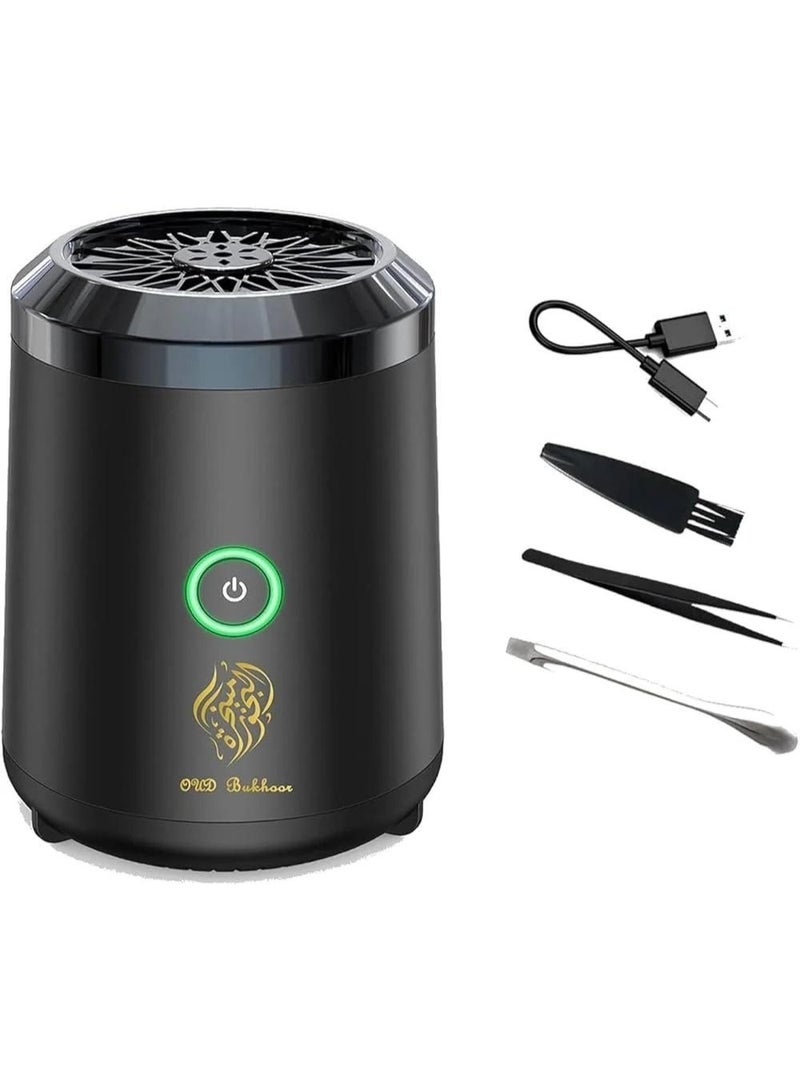 Oud Bukhoor A smart, portable electronic incense burner. The burner uses a ceramic heating element instead of charcoal to release the incense scent. It can be recharged via a USB port, making it suitable for use in various locations, such as the home, office, car, or hotel. It is easy to use and portable. It features a sleek, compact design, making it easy to carry and use anywhere. It is a safe and convenient option compared to traditional incense burning methods. - Image 2