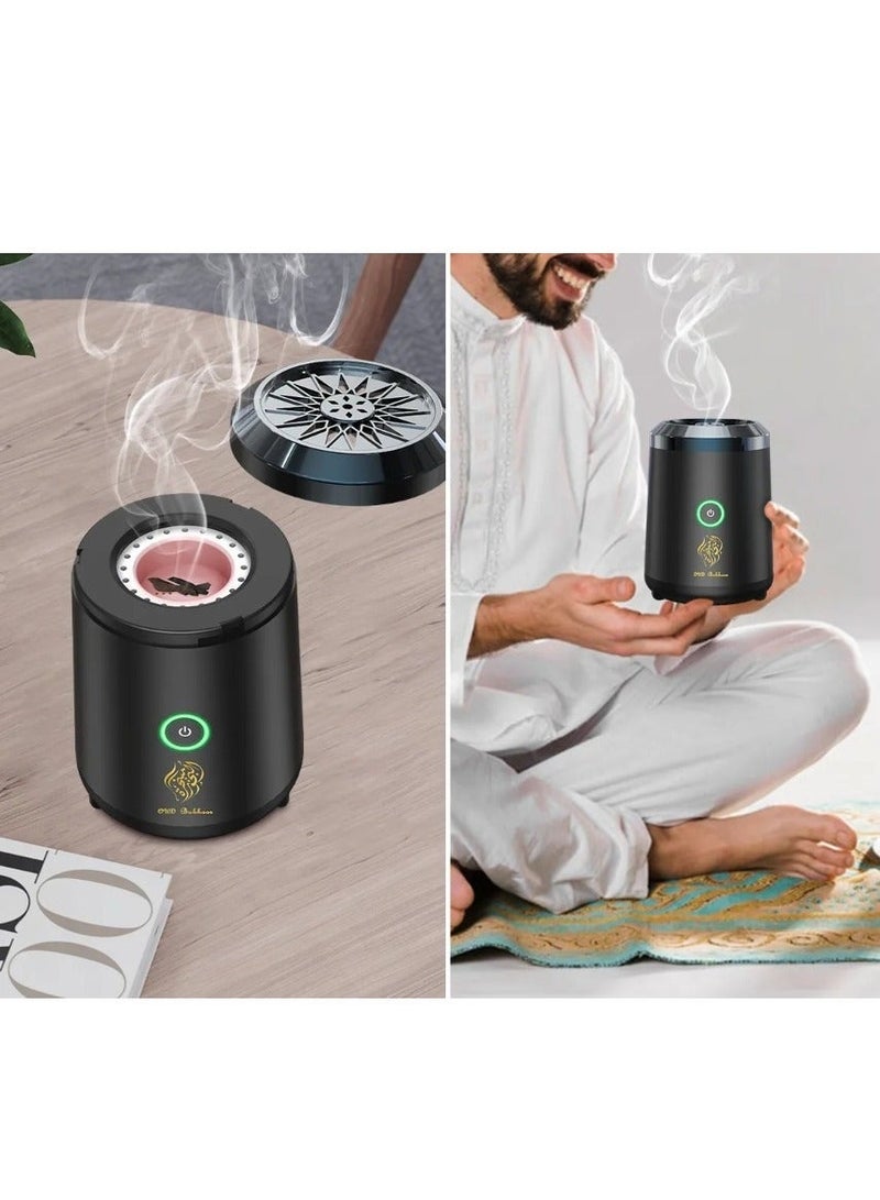 Oud Bukhoor A smart, portable electronic incense burner. The burner uses a ceramic heating element instead of charcoal to release the incense scent. It can be recharged via a USB port, making it suitable for use in various locations, such as the home, office, car, or hotel. It is easy to use and portable. It features a sleek, compact design, making it easy to carry and use anywhere. It is a safe and convenient option compared to traditional incense burning methods. - Image 4