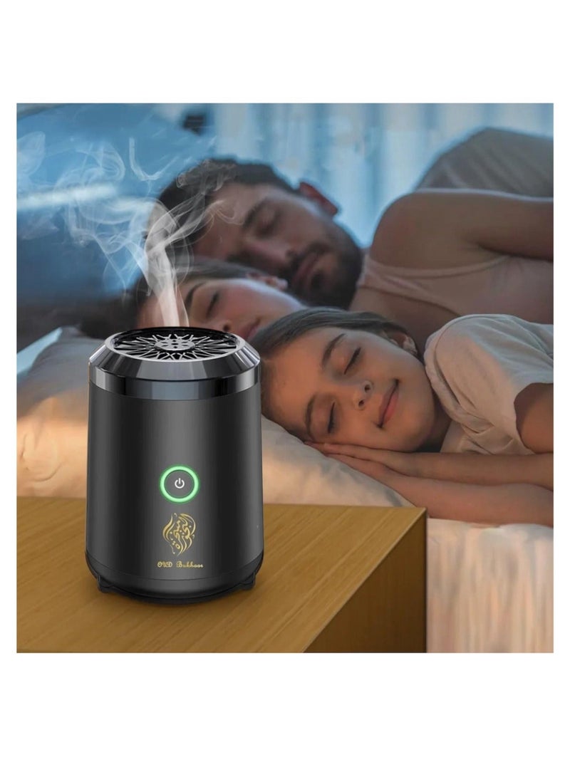 Oud Bukhoor A smart, portable electronic incense burner. The burner uses a ceramic heating element instead of charcoal to release the incense scent. It can be recharged via a USB port, making it suitable for use in various locations, such as the home, office, car, or hotel. It is easy to use and portable. It features a sleek, compact design, making it easy to carry and use anywhere. It is a safe and convenient option compared to traditional incense burning methods. - Image 5