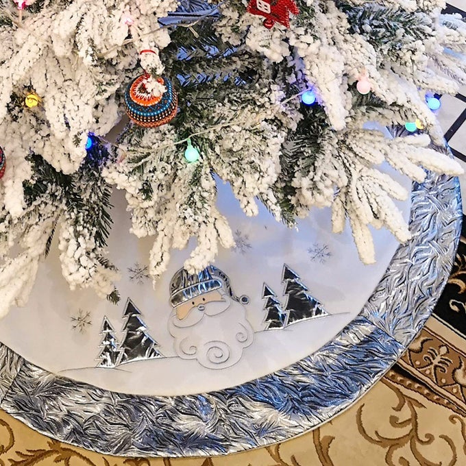 48 LARGE LUXURY WHITE SILVER SANTA CLAUS CHRISTMAS TREE SKIRT EMBROIDERED WITH SATIN BORDER SNOWFLAKE XMAS HOLIDAY TREE MAT PARTY SUPPLIES