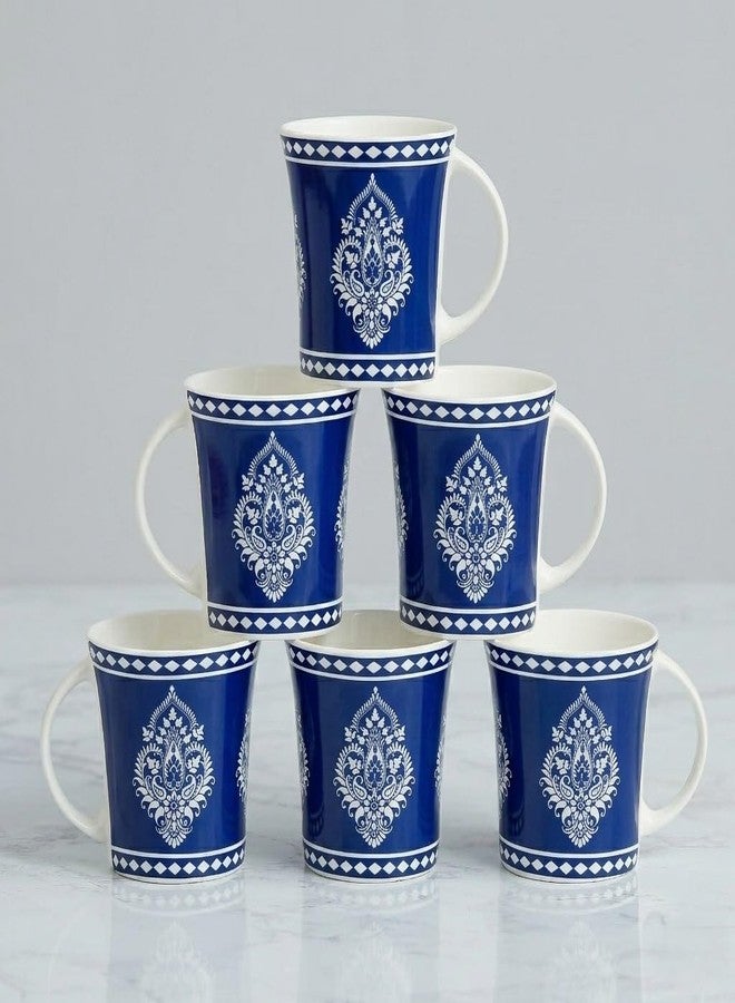 Femora Indian Ceramic Handmade Blue Block Print Tea Cups, Coffee Mugs, 160 ml, 6 Pcs Set - Image 1