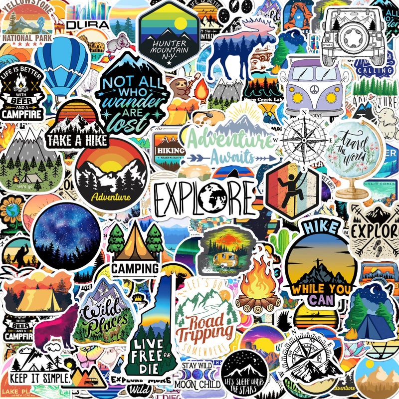 200PCS Camping Stickers  Water Bottles Outdoor Adventure Vinyl Waterproof Stickers Packs for Laptop Travel  Hiking Bike Bumper Suitcase Luggage Car Wilderness Nature